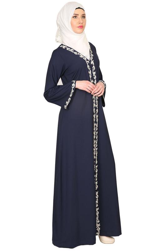 Blue Abaya With Thread Embroidery