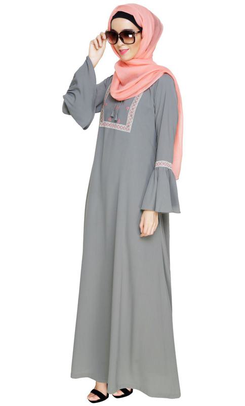 Boho Embroidered Grey Abaya (Made-To-Order)