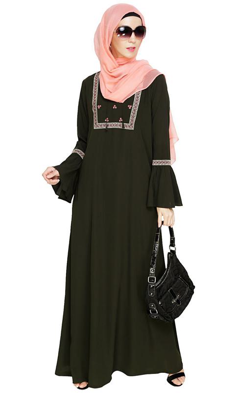 Boho Embroidered Olive Abaya