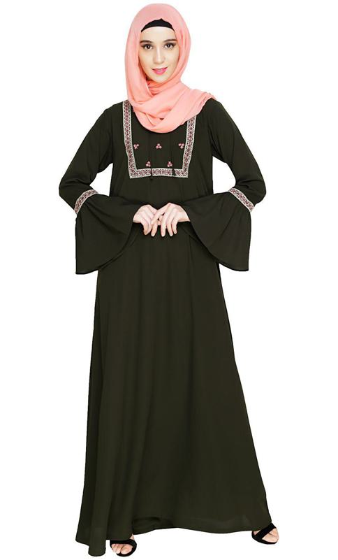 Boho Embroidered Olive Abaya