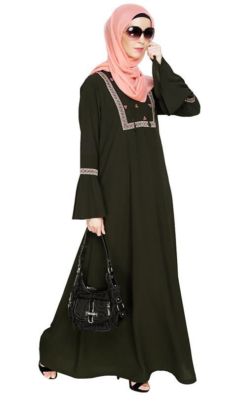 Boho Embroidered Olive Abaya