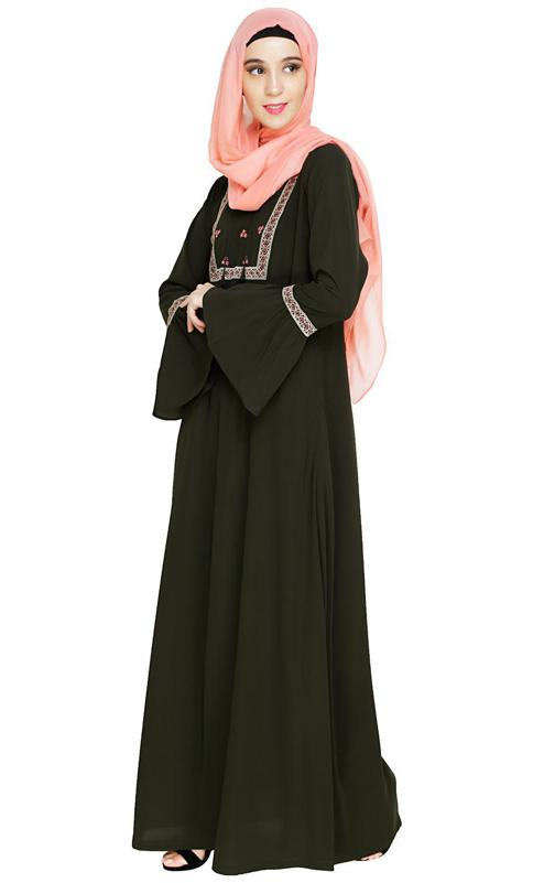 Boho Embroidered Olive Abaya