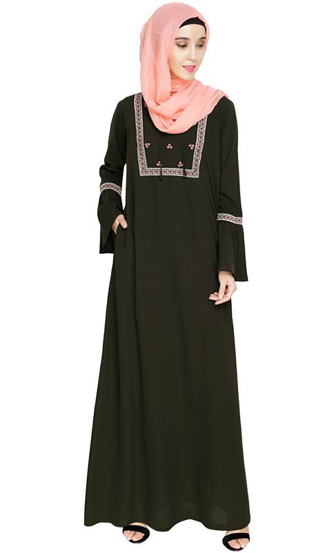 Boho Embroidered Olive Abaya