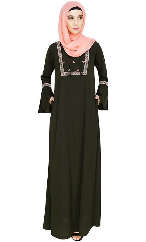 Boho Embroidered Olive Abaya