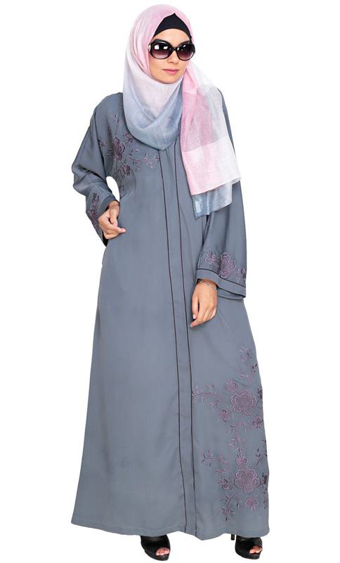 Botanical Grey Embroidered Dubai Style Abaya (Made-To-Order)