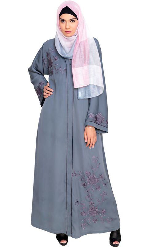 Botanical Grey Embroidered Dubai Style Abaya (Made-To-Order)