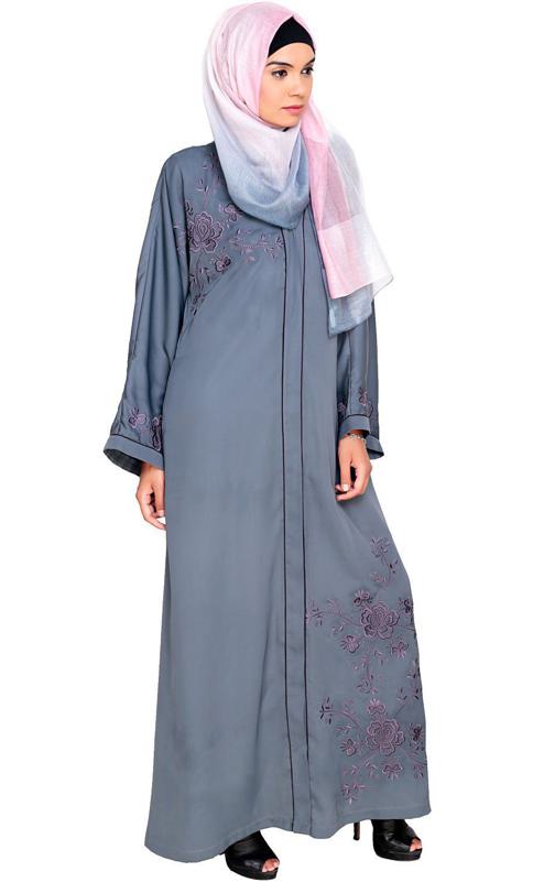 Botanical Grey Embroidered Dubai Style Abaya (Made-To-Order)