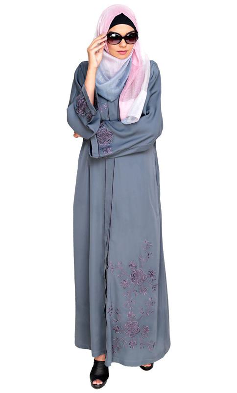 Botanical Grey Embroidered Dubai Style Abaya (Made-To-Order)