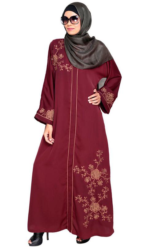 Botanical Wine Embroidered Dubai Style Abaya