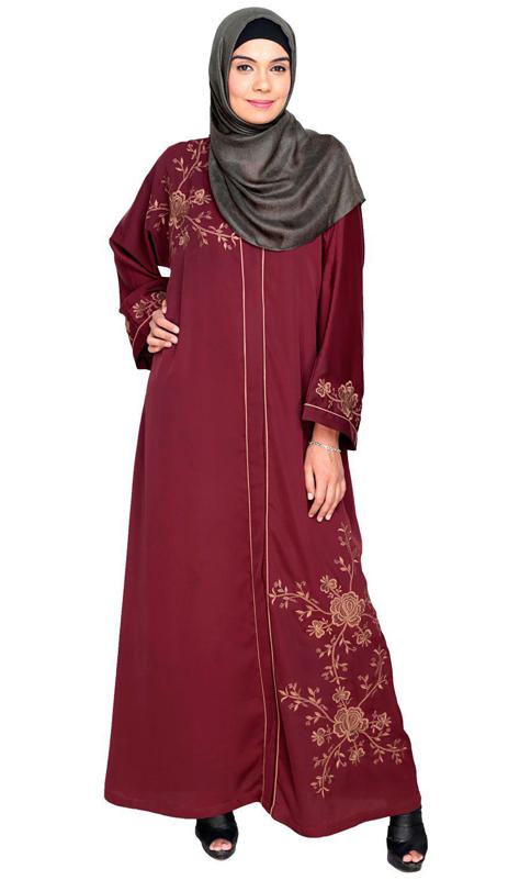 Botanical Wine Embroidered Dubai Style Abaya