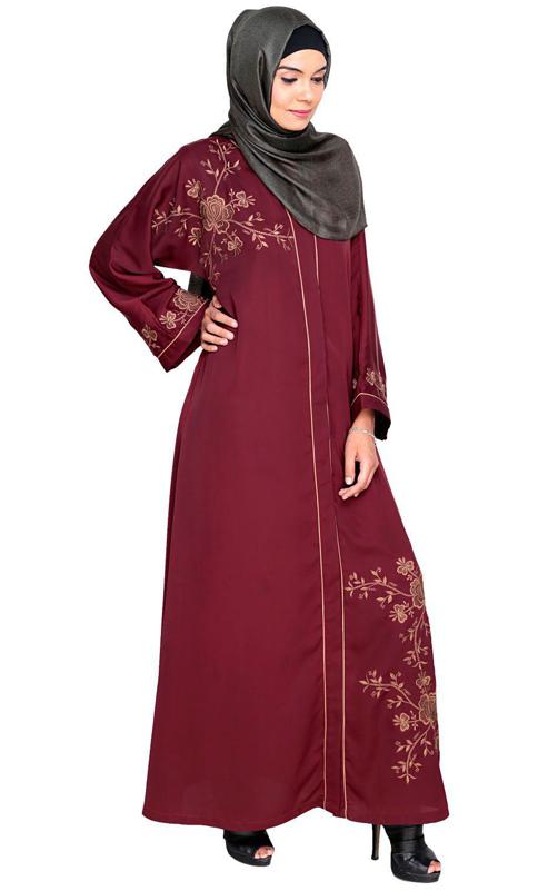 Botanical Wine Embroidered Dubai Style Abaya