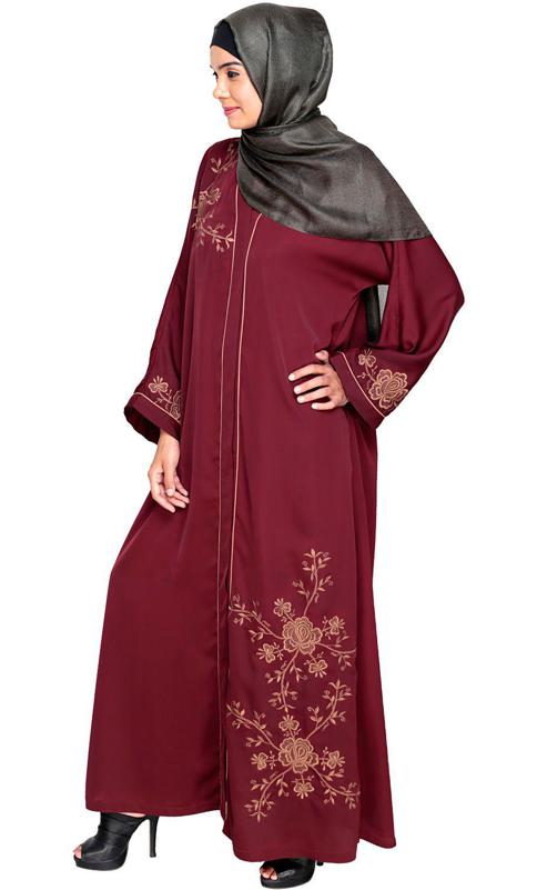 Botanical Wine Embroidered Dubai Style Abaya