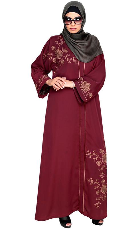 Botanical Wine Embroidered Dubai Style Abaya