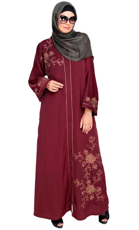 Botanical Wine Embroidered Dubai Style Abaya