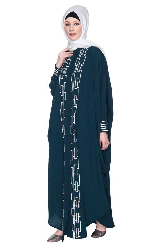 Bottle Green And White Dimensional Design Embroidered Kaftan (Made-To-Order)