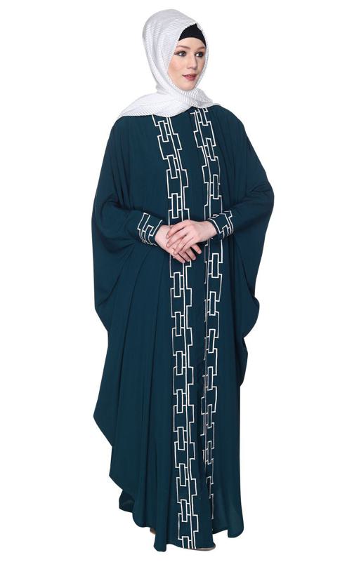Bottle Green And White Dimensional Design Embroidered Kaftan (Made-To-Order)
