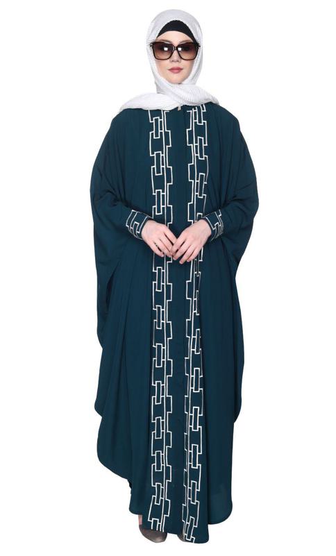 Bottle Green And White Dimensional Design Embroidered Kaftan (Made-To-Order)