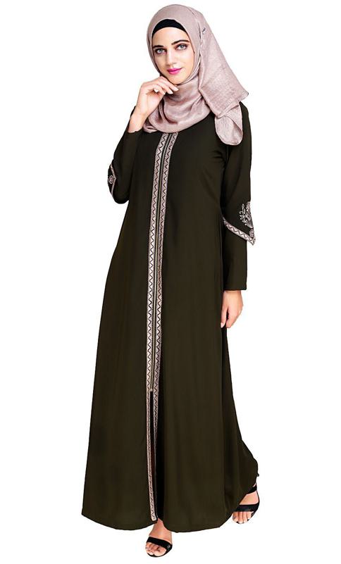 Bygone Front Zipper Olive Abaya (Made-To-Order)