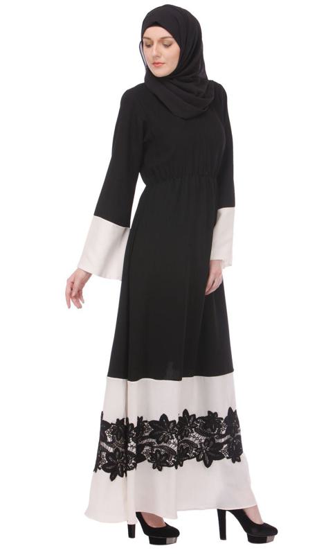 Closed Black White Abaya With Appliqu
