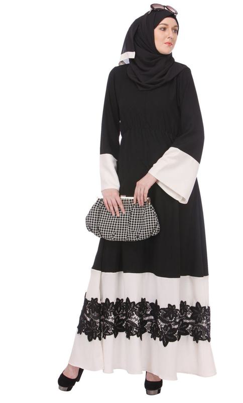Closed Black White Abaya With Appliqu