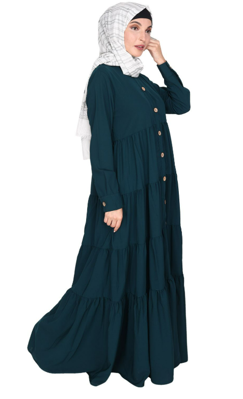 Contemporary Bottle Green Multi Layered Gather Dress (Made-To-Order)