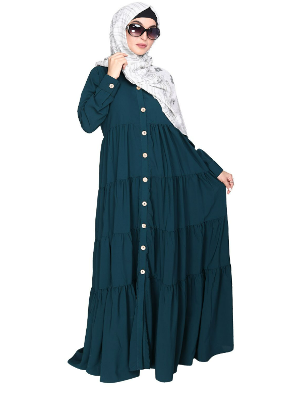 Contemporary Bottle Green Multi Layered Gather Dress (Made-To-Order)