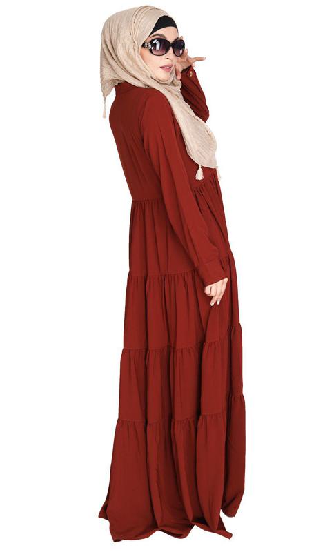 Contemporary Brick Red Multi Layered Gather Dress (Made-To-Order)