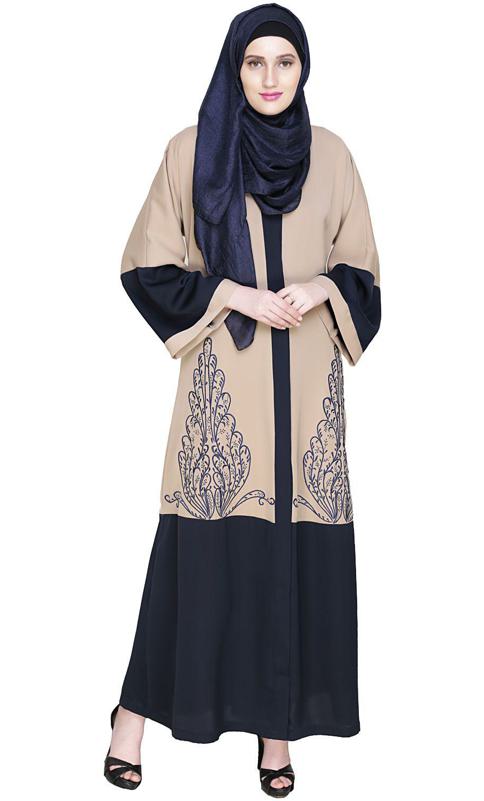 Eden Dubai Style Beige and Blue Embroidered Abaya