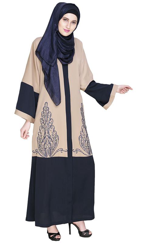 Eden Dubai Style Beige and Blue Embroidered Abaya