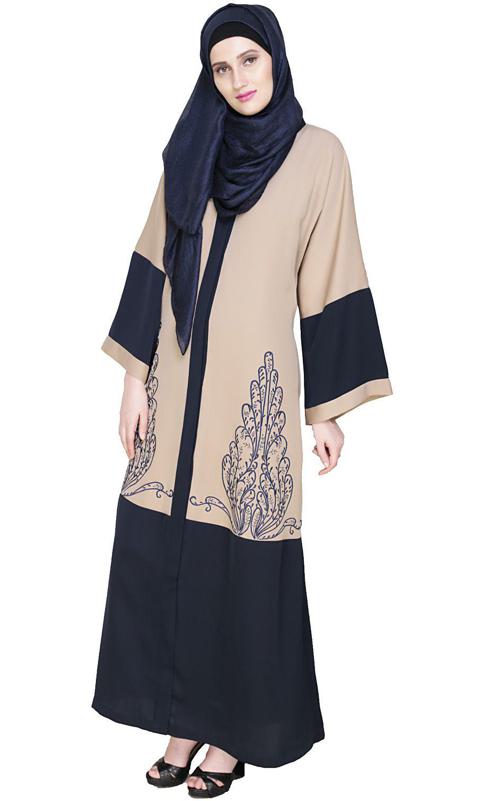 Eden Dubai Style Beige and Blue Embroidered Abaya
