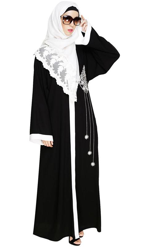 Contrast Embroidered Black Dubai Style Abaya