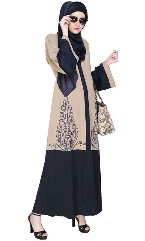 Eden Dubai Style Beige and Blue Embroidered Abaya