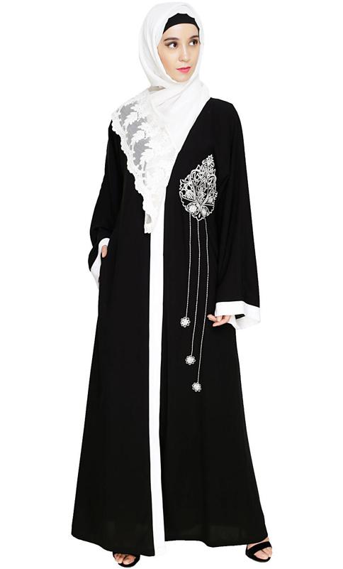 Contrast Embroidered Black Dubai Style Abaya