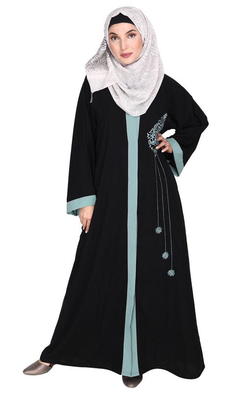 Contrast Embroidered Black and Sage Green Dubai Style Abaya