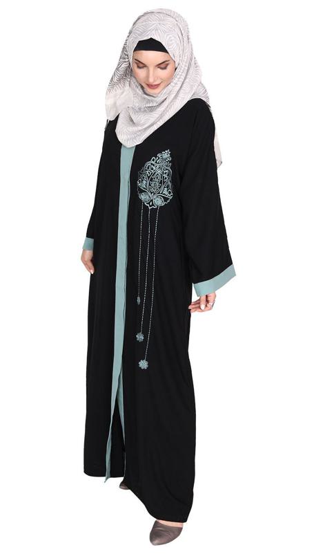Contrast Embroidered Black and Sage Green Dubai Style Abaya