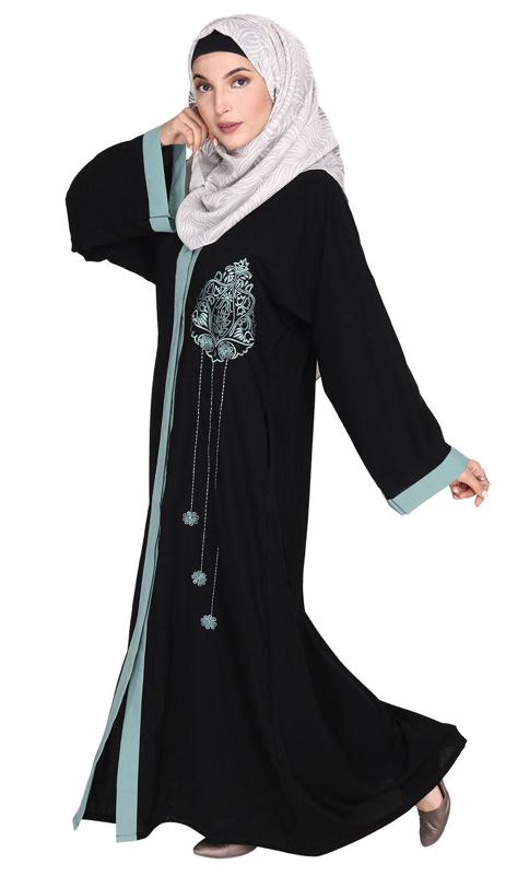 Contrast Embroidered Black and Sage Green Dubai Style Abaya