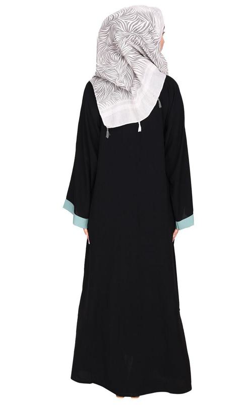 Contrast Embroidered Black and Sage Green Dubai Style Abaya