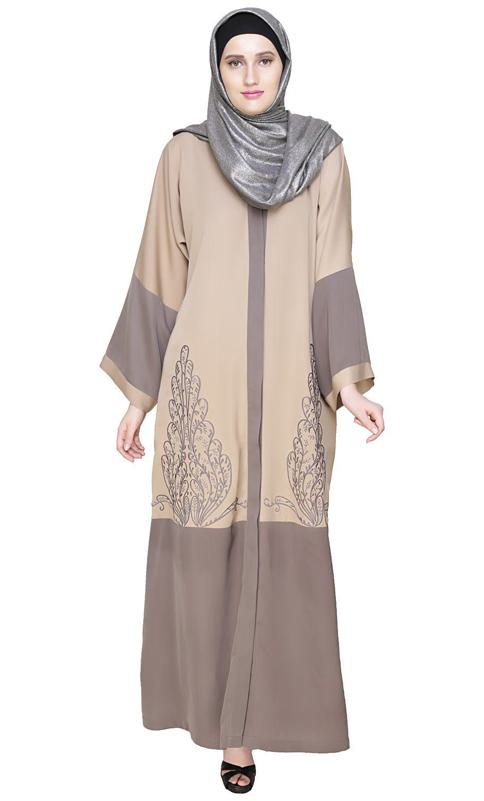 Eden Dubai Style Beige and Grey Embroidered Abaya
