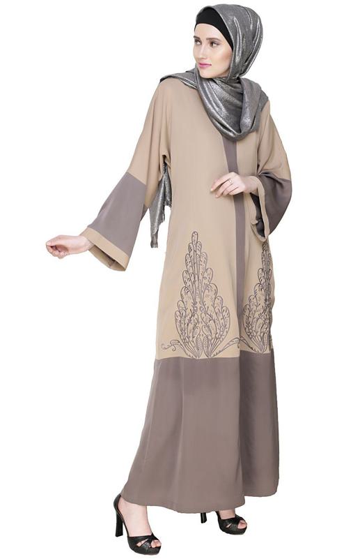 Eden Dubai Style Beige and Grey Embroidered Abaya