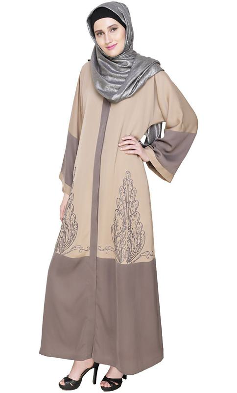 Eden Dubai Style Beige and Grey Embroidered Abaya