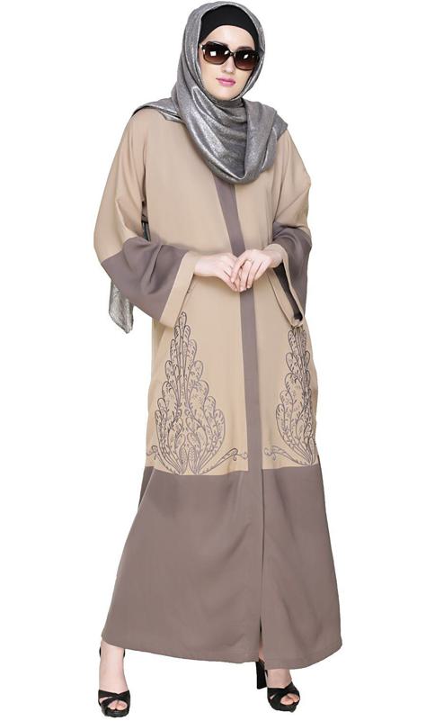 Eden Dubai Style Beige and Grey Embroidered Abaya