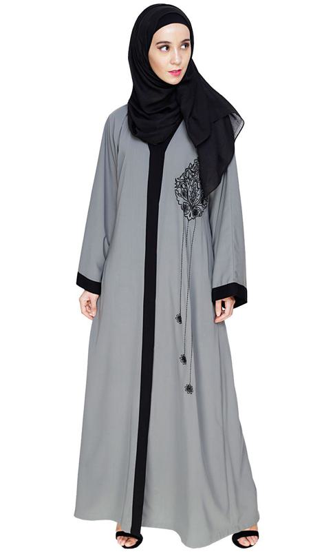 Contrast Embroidered Grey Dubai Style Abaya