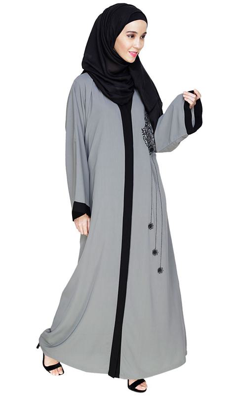 Contrast Embroidered Grey Dubai Style Abaya