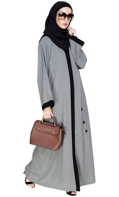 Contrast Embroidered Grey Dubai Style Abaya