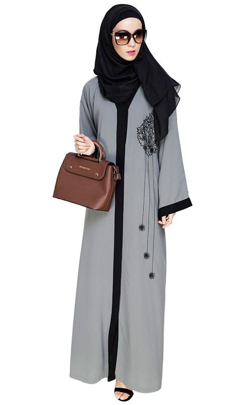 Contrast Embroidered Grey Dubai Style Abaya