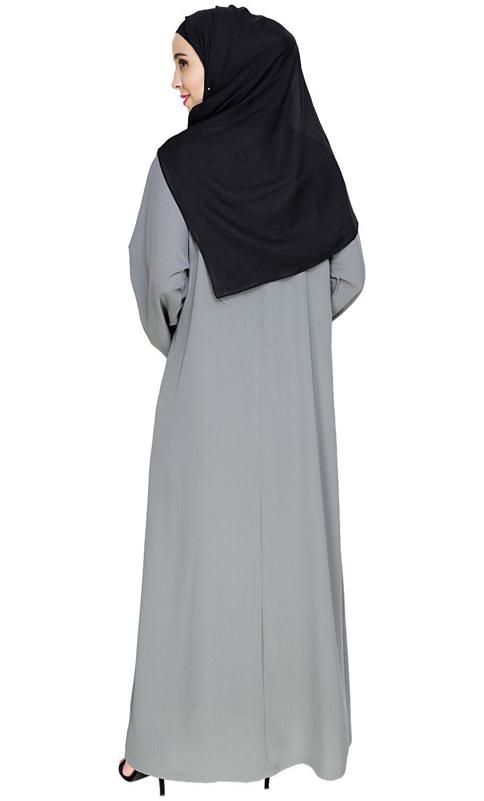 Contrast Embroidered Grey Dubai Style Abaya
