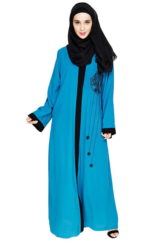 Contrast Embroidered Teal Blue Dubai Style Abaya