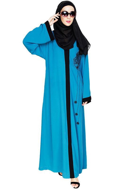 Contrast Embroidered Teal Blue Dubai Style Abaya