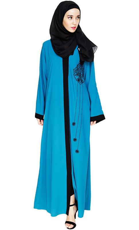Contrast Embroidered Teal Blue Dubai Style Abaya