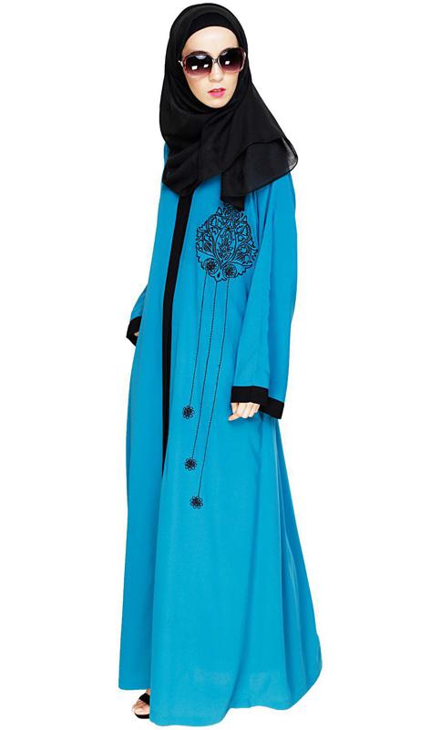 Contrast Embroidered Teal Blue Dubai Style Abaya